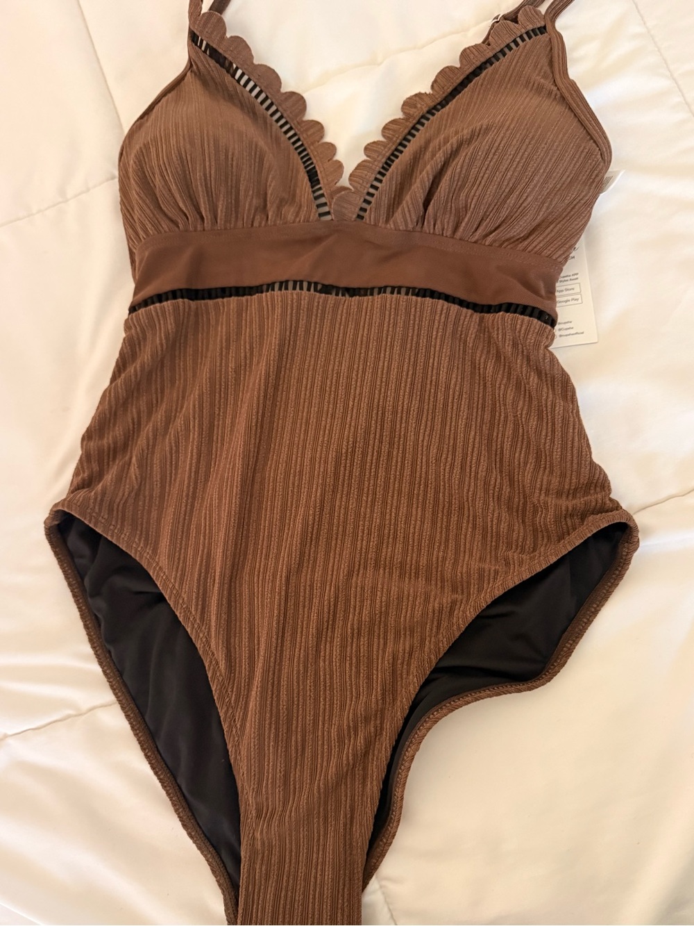 Brown Ribbed One-Piece Swimsuit with Scallop Trim -cupshe sz M